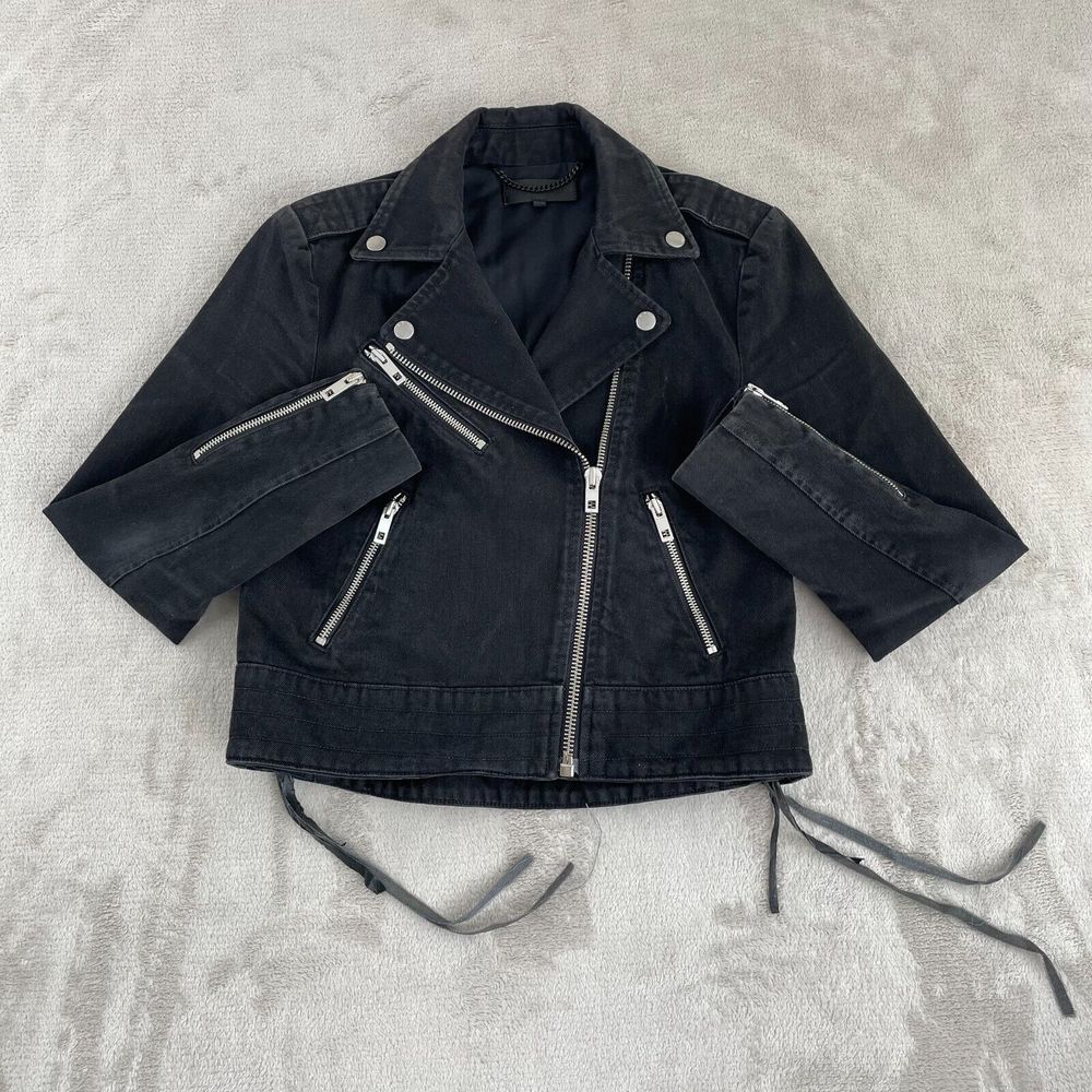 Rag & Bone Moto Jacket Women XXS Black Full Zip Side Tassels Designer Trucker